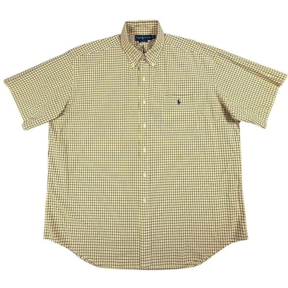 Ralph Lauren Blake Button Down Shirt Yellow Navy Check Cotton Mens XL - Picture 3 of 5